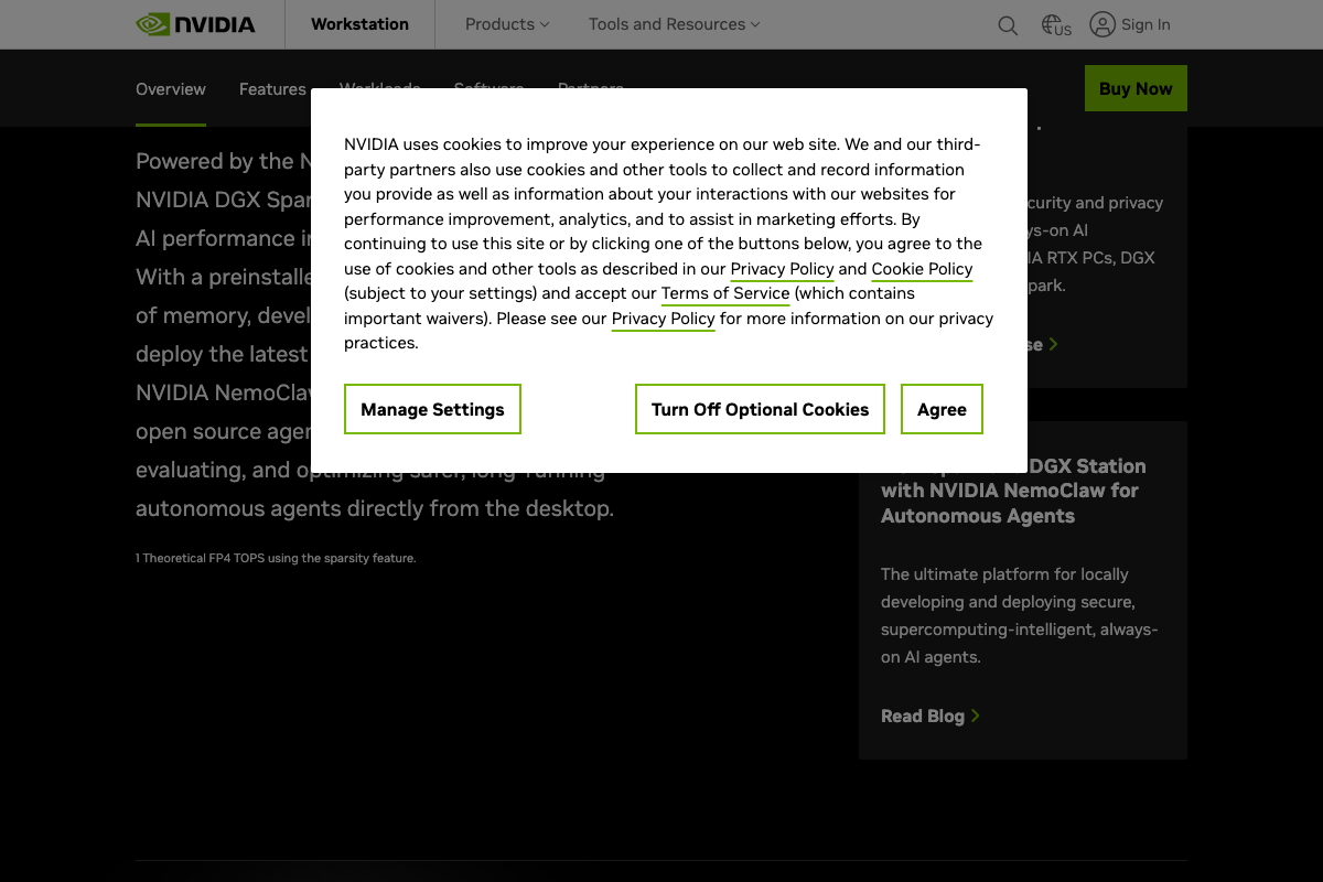 NVIDIA DGX Spark overview page showing NemoClaw referenced as an open-source agent framework for running autonomous agents locally on the desktop.