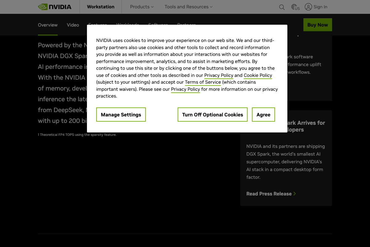 NVIDIA DGX Spark product overview page confirming it is described officially as 'the world's smallest AI supercomputer' in a compact desktop form factor, with a developer launch announcement visible.