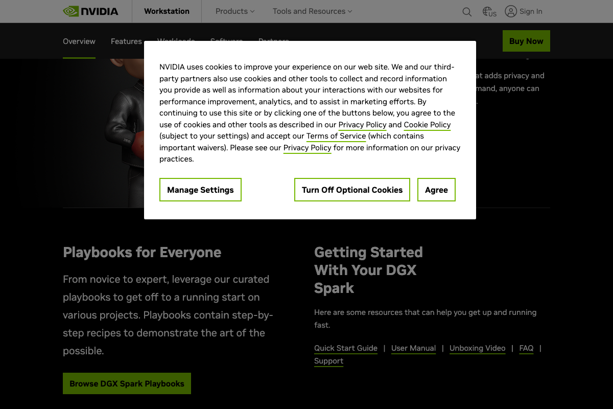 NVIDIA DGX Spark documentation page showing Playbooks and Getting Started resources including Quick Start Guide, User Manual, and support links.