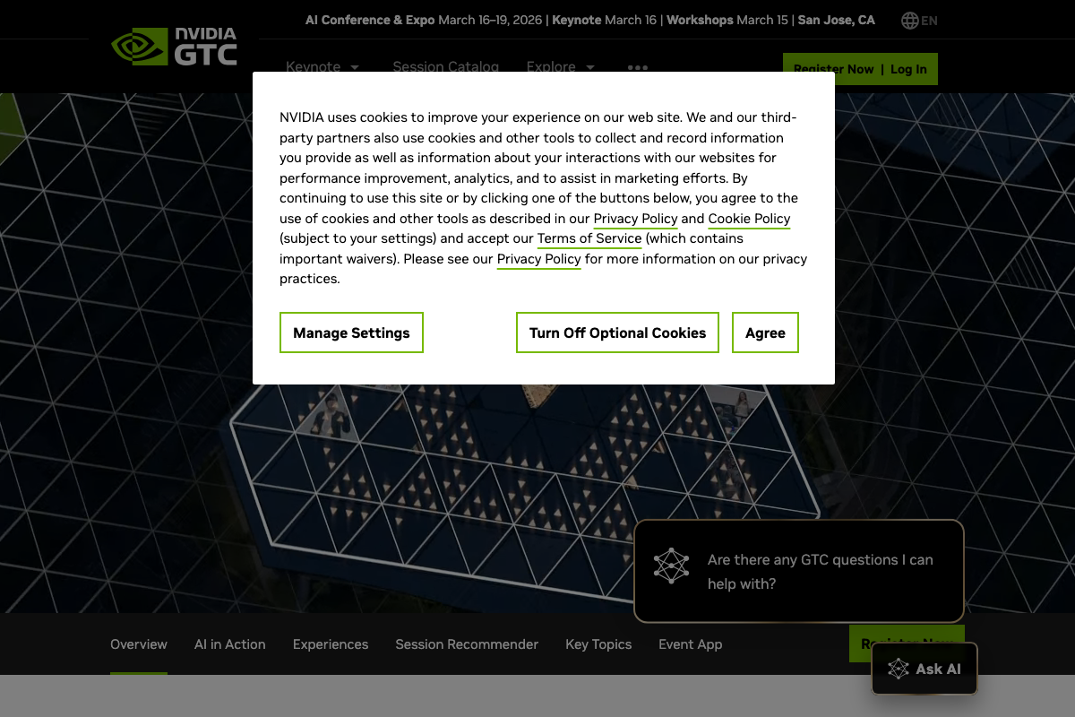 NVIDIA GTC 2026 official landing page at nvidia.com/gtc/, showing the event dates of March 16–19, 2026 in San Jose, CA, plus Workshops on March 30.