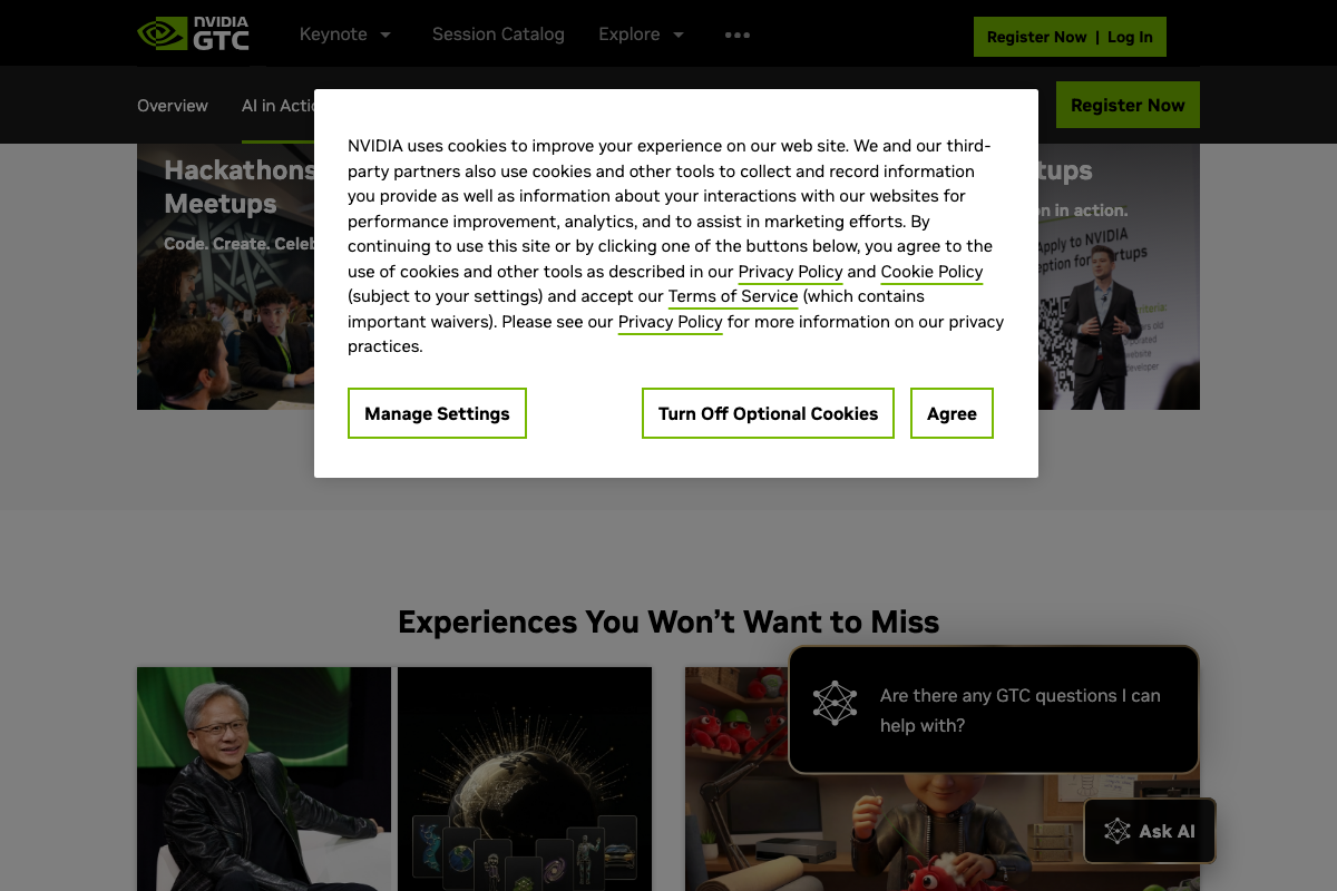 NVIDIA GTC 2026 page section showing 'Experiences You Won't Want to Miss', including Hackathons, Code Challenges, and Meetups, alongside the persistent 'Session Catalog' top navigation link.