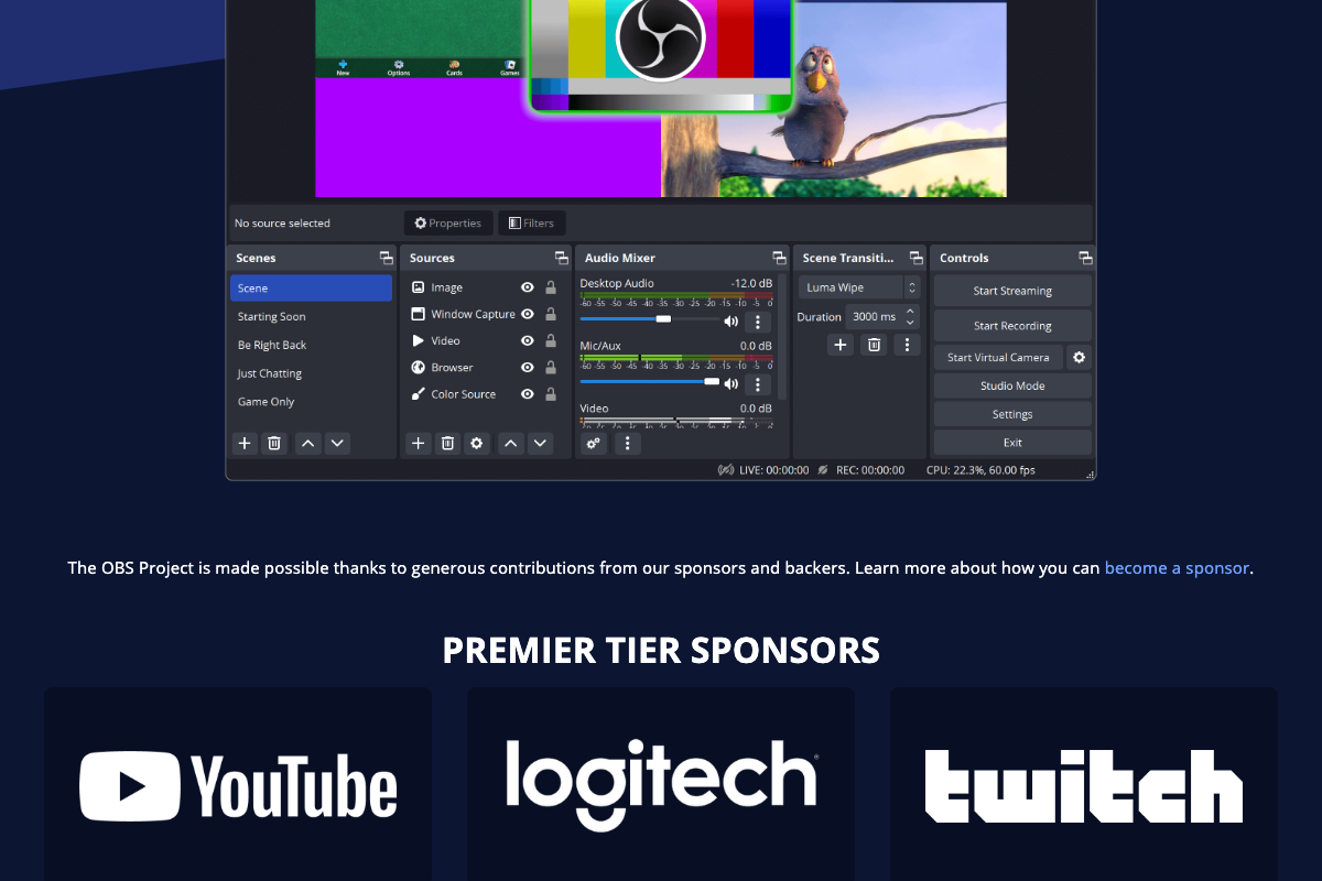 OBS Studio interface showing Scenes panel, Sources (Image, Window Capture, Video, Browser, Color Source), Audio Mixer, and Controls — the interface Gemini Live analyzes in step 8.