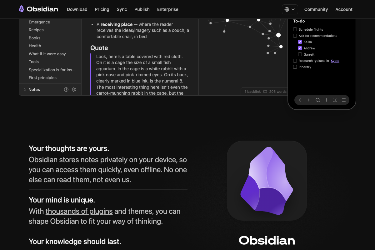 Obsidian.md: local-first private storage with offline access, thousands of plugins, and durable knowledge preservation