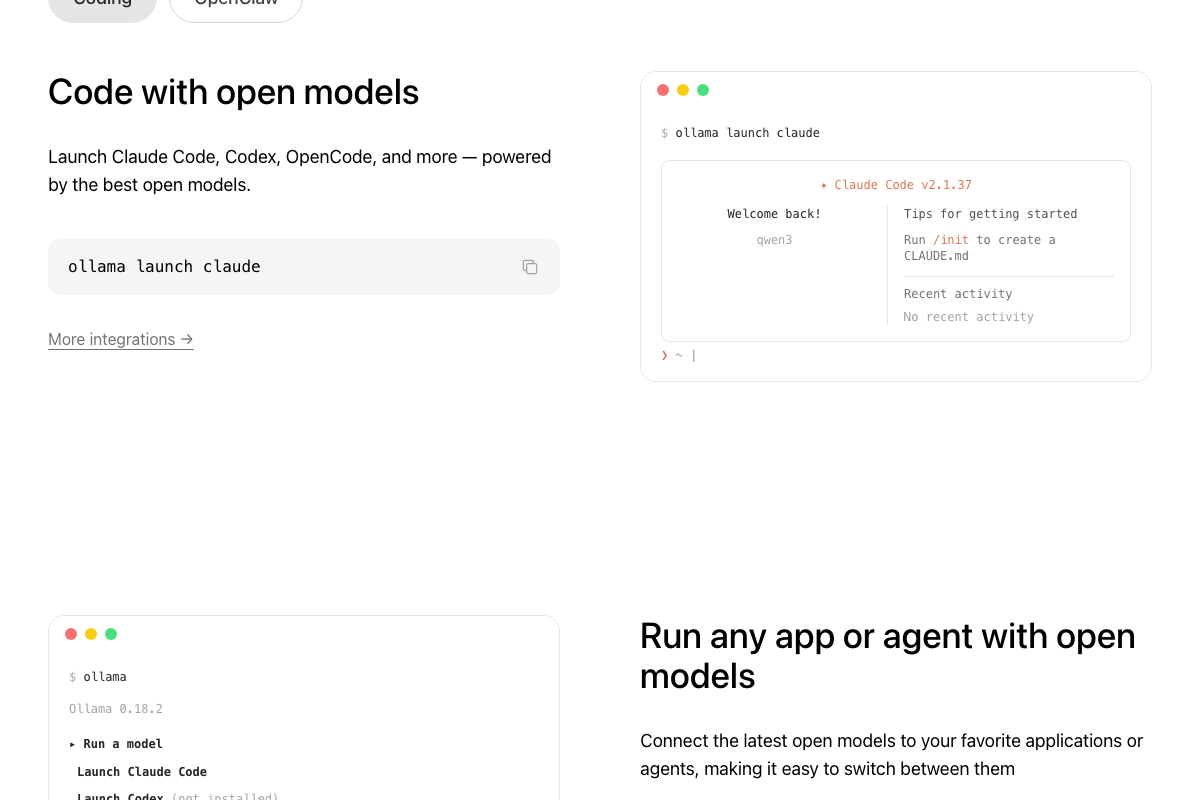 Ollama 'Code with open models' section showing `ollama launch claude` launching Claude Code v2.1.37 — a native integration the video does not mention.