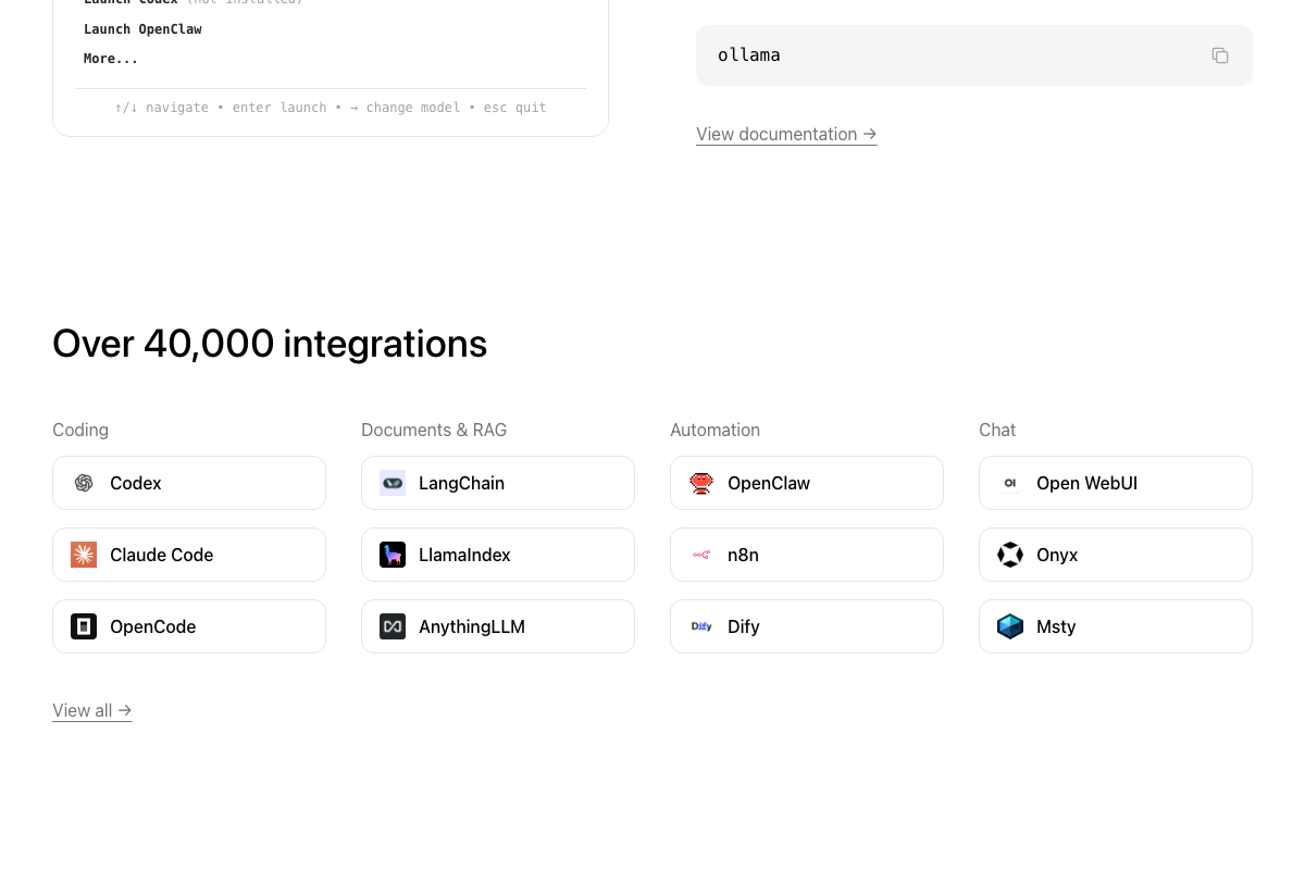 Ollama integrations page showing Claude Code under 'Coding' and the built-in `ollama` TUI with inline model switcher