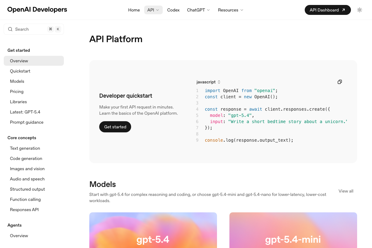 OpenAI API Platform documentation showing the gpt-5.4 model family and Responses API as the current recommended quickstart path.