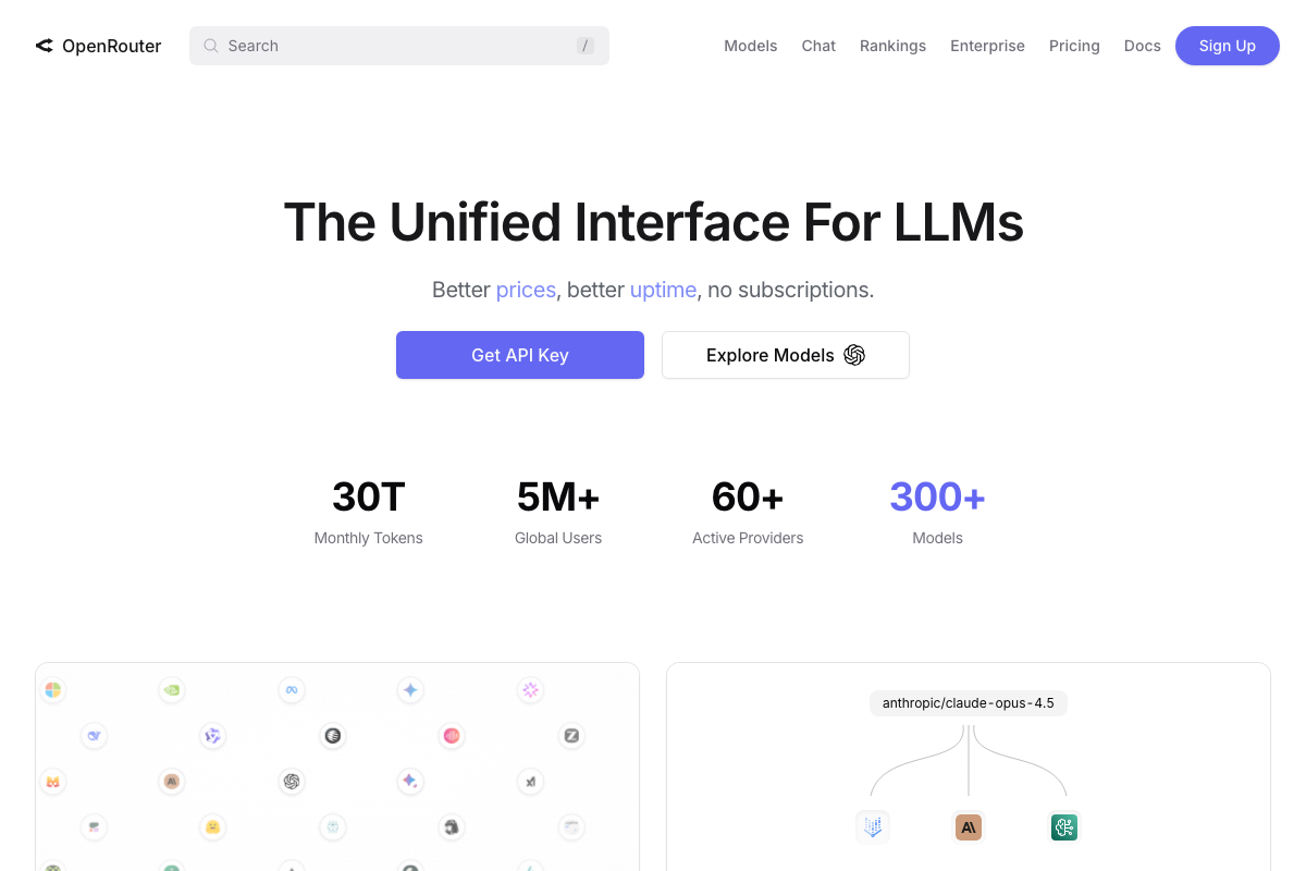 OpenRouter homepage showing the 'Get API Key' primary CTA alongside 300+ models, 60+ active providers, and 5M+ global users