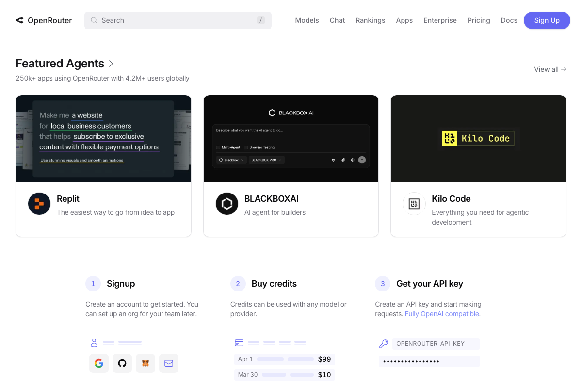 OpenRouter's official onboarding: Signup → Buy credits → Get API key, showing the OPENROUTER_API_KEY environment variable — a prerequisite omitted from the tutorial.