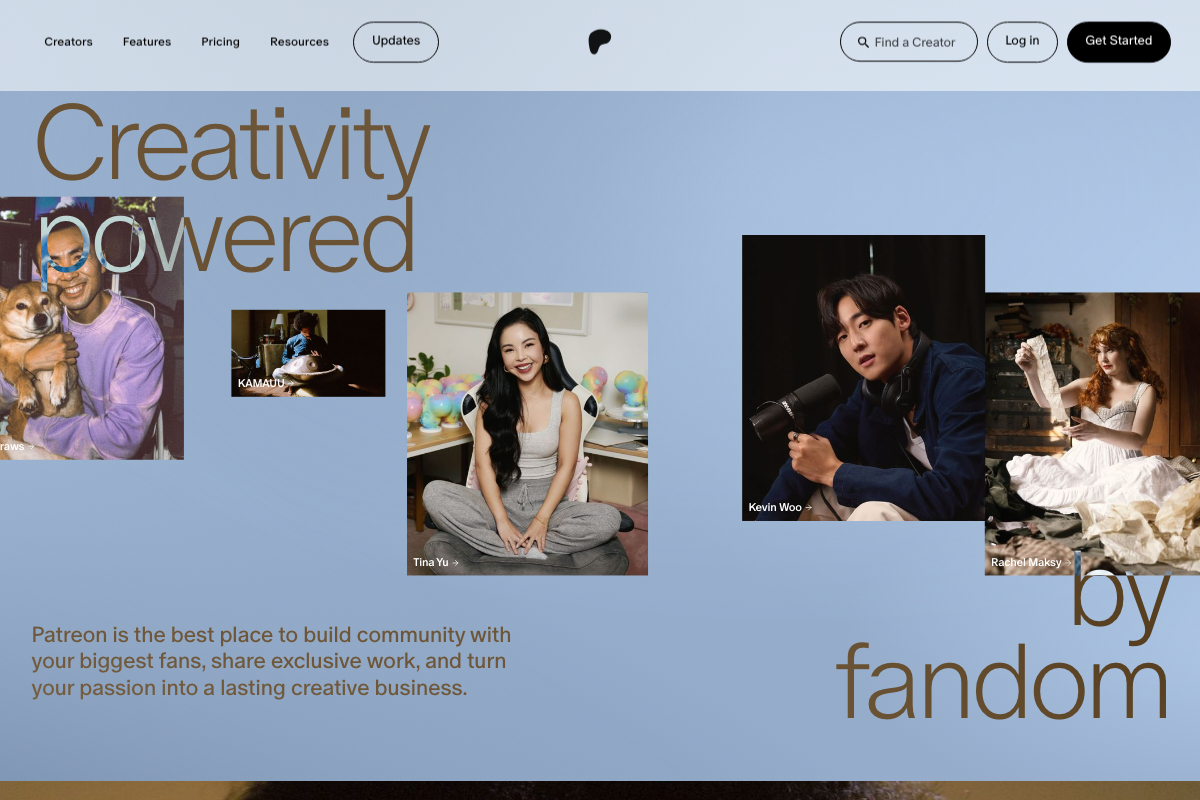 Patreon homepage section — 'Creativity powered by fandom,' describing community and exclusive content features