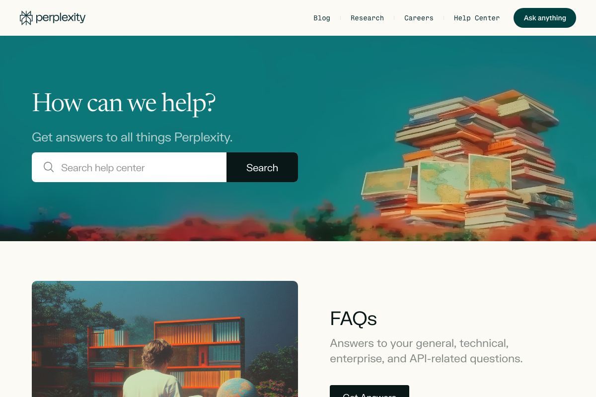 Perplexity Help Center homepage (perplexity.ai/hub/faq) showing top-level navigation and FAQ entry point — no 'Computer' tab or agent feature documented.