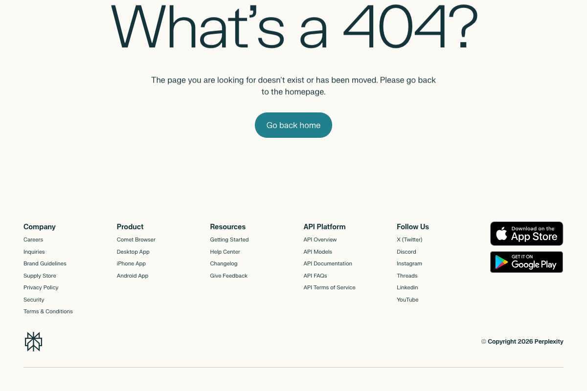 Perplexity site footer as of March 2026: Comet Browser, Desktop App, iPhone App, Android App — Perplexity Computer is absent from the product menu