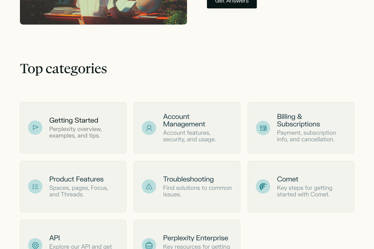Perplexity Help Center 'Top categories' — eight support sections visible, including 'Comet' and 'Product Features,' but no 'Computer' category.