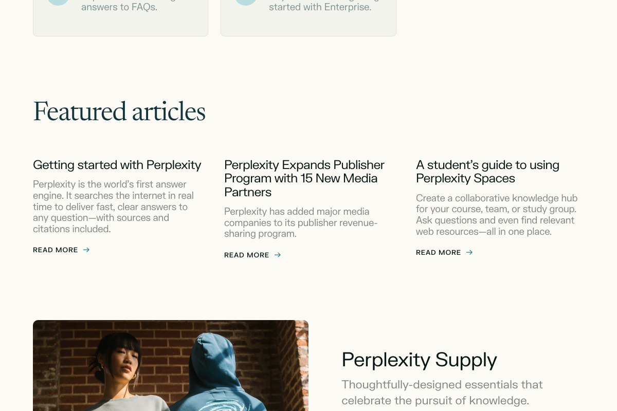 Perplexity Help Center 'Featured articles' section — four articles shown, none referencing Computer agent mode, background task execution, or parallel sub-agents.