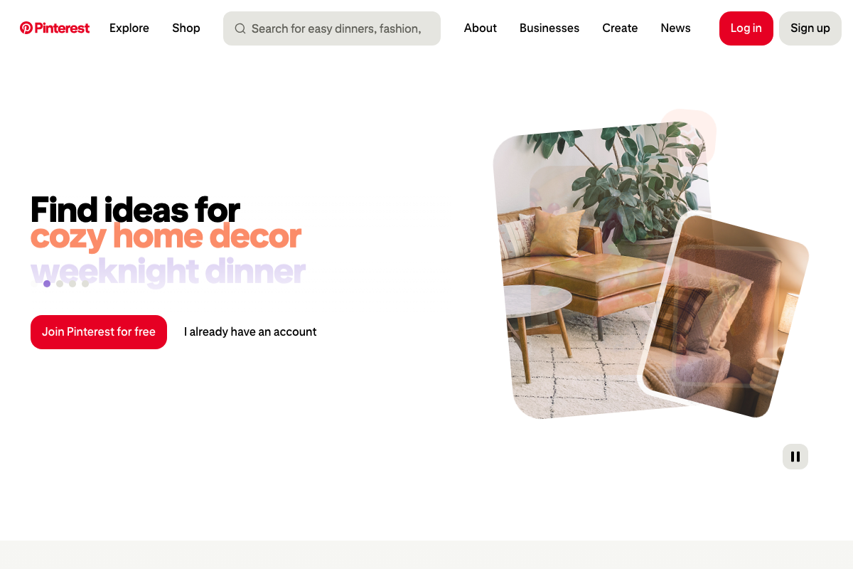 Pinterest homepage (logged-out state) showing 'cozy home decor' as a featured search example and the platform's dual entry path: free sign-up or existing account login.