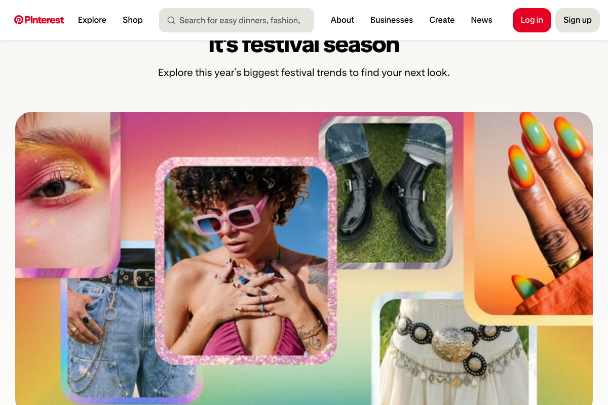 Pinterest homepage scroll showing seasonal trending content (festival fashion); home decor planning requires direct search rather than relying on default trend feeds.