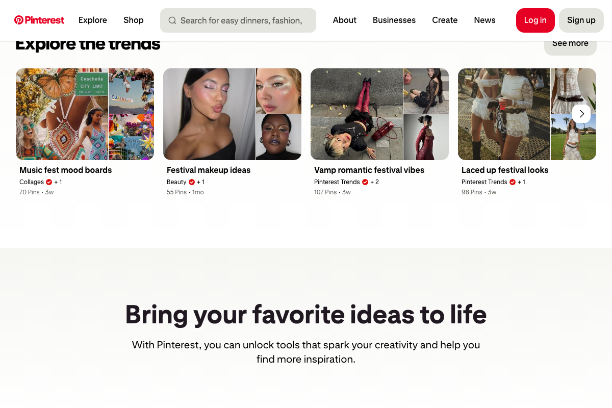 Pinterest Explore Trends page showing dedicated mood board collections and the 'Bring your favorite ideas to life' creative tools section.