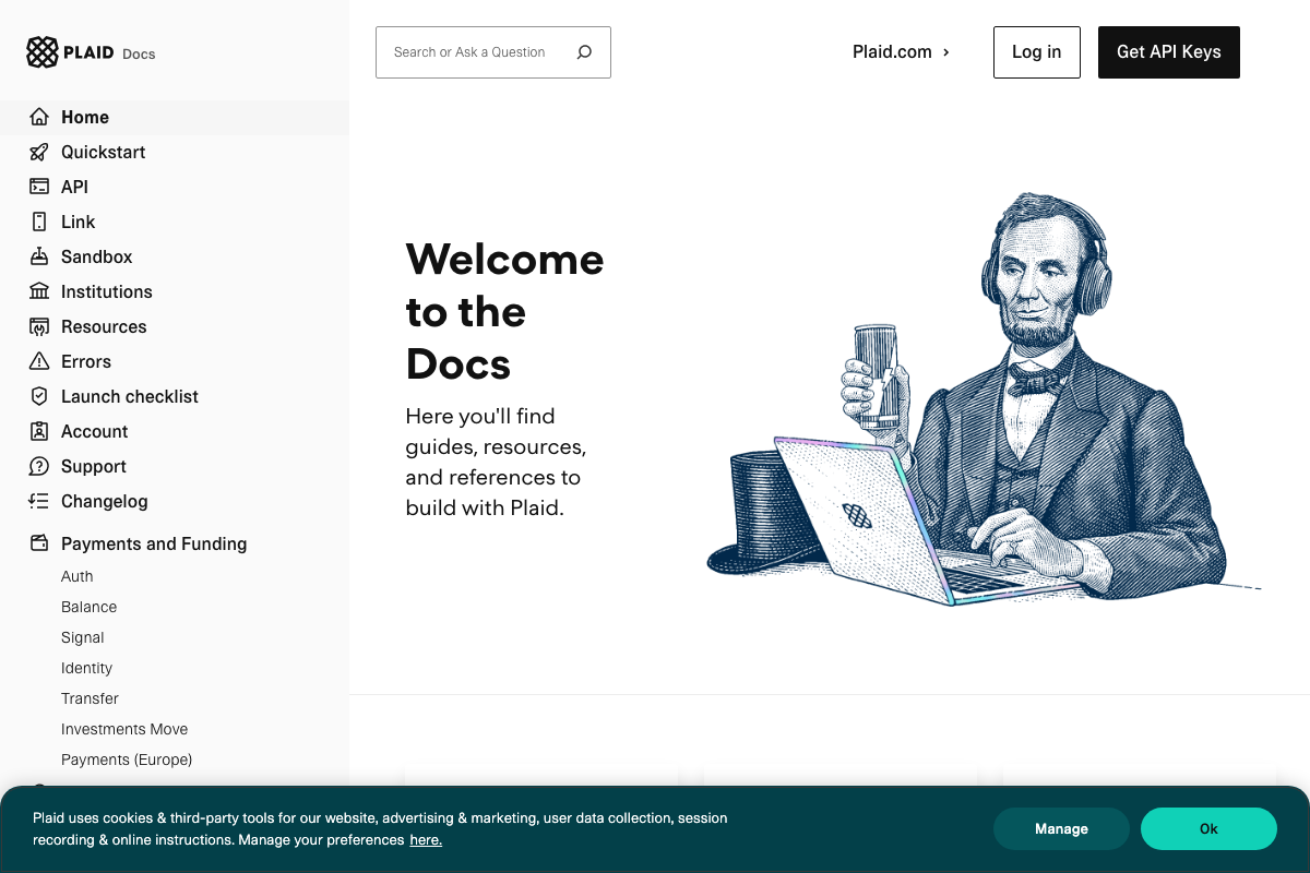 Plaid Docs homepage confirming its financial API product suite — no Perplexity Computer or AI agent integration is documented