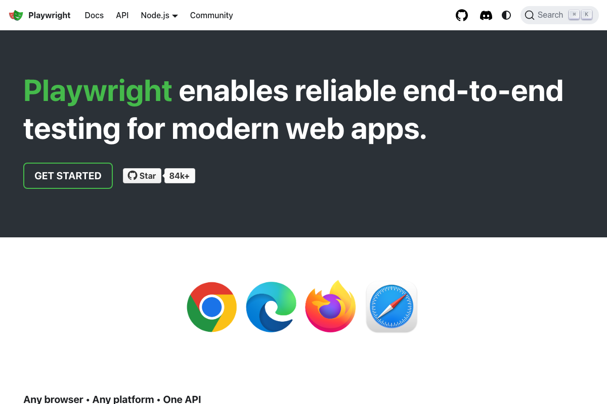 Playwright official homepage showing end-to-end testing support for Chrome, Edge, Firefox, and Safari — four browsers, not Chrome alone.