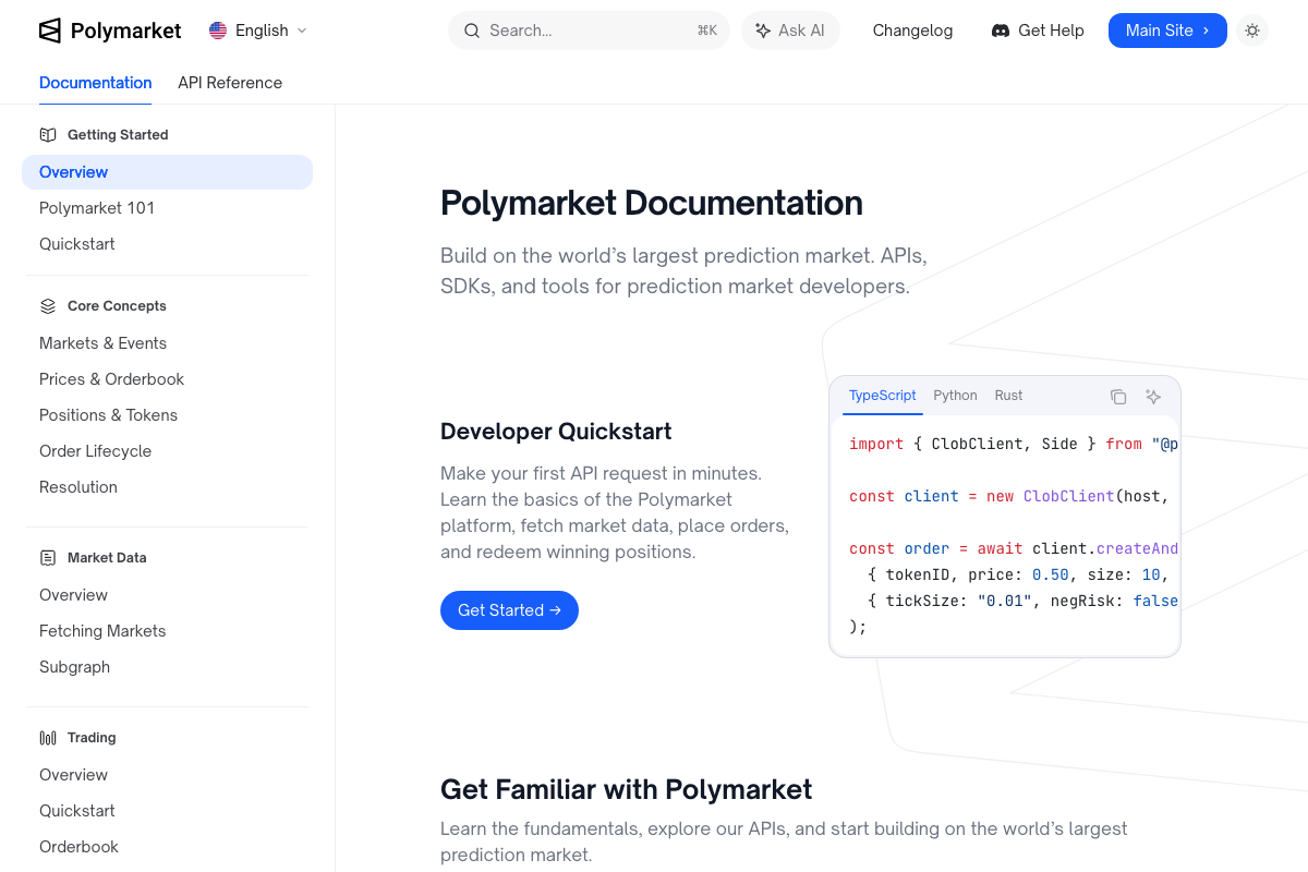 Polymarket developer documentation overview (docs.polymarket.com) showing API/SDK structure with TypeScript, Python, and Rust support for accessing prediction market data.