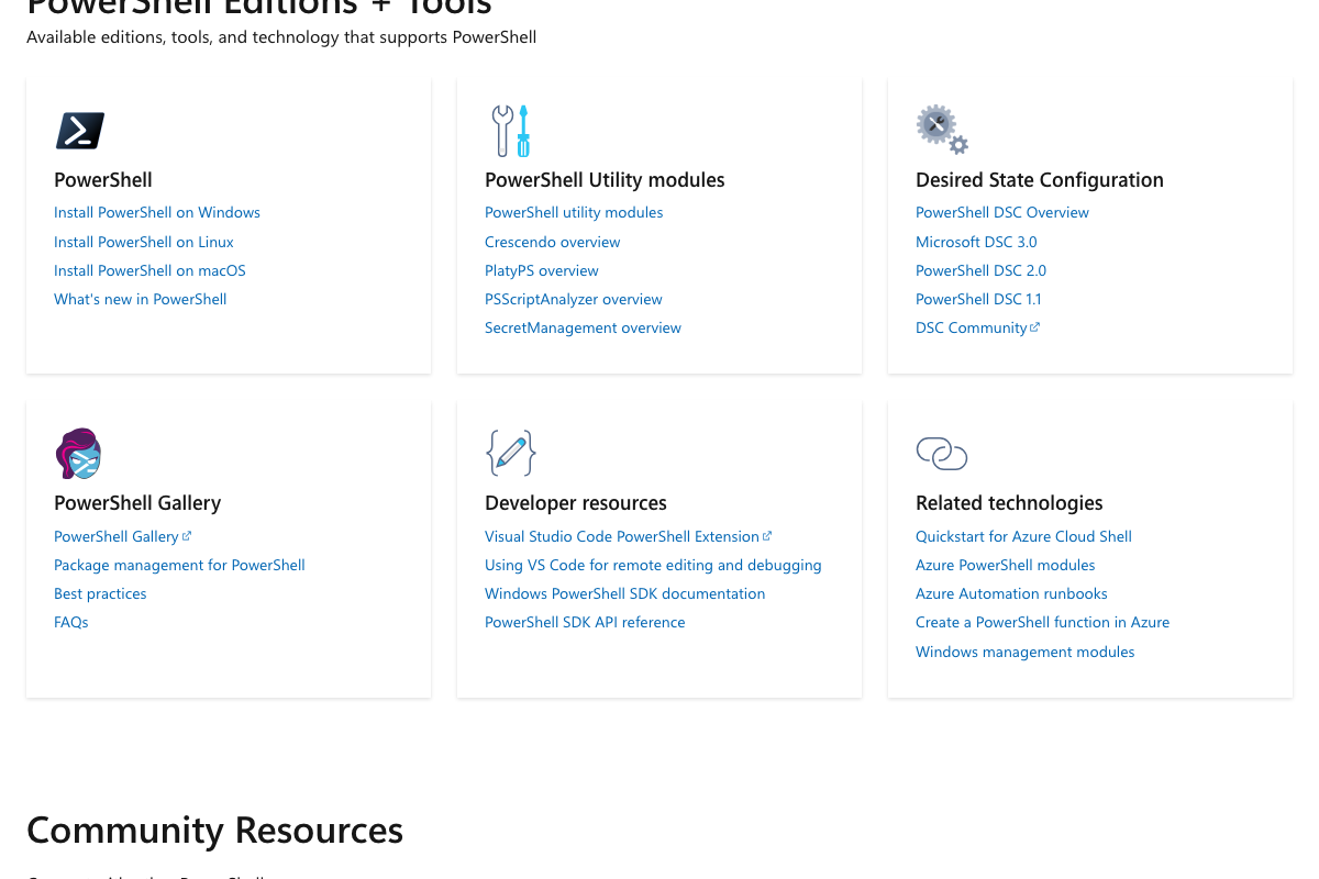 PowerShell Editions + Tools on Microsoft Learn confirming cross-platform install paths and the official VS Code PowerShell Extension under Developer resources
