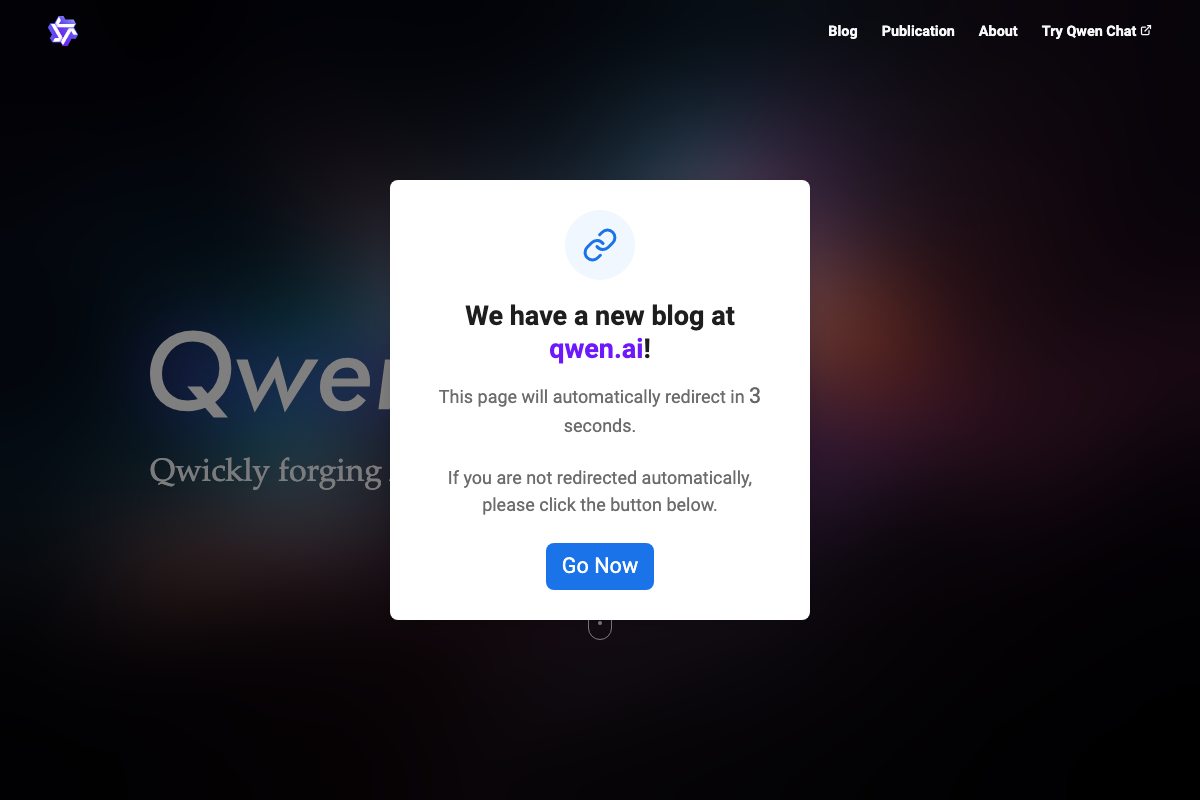 qwenlm.github.io displaying an automatic redirect modal to qwen.ai — the official Qwen blog has migrated to a new domain.