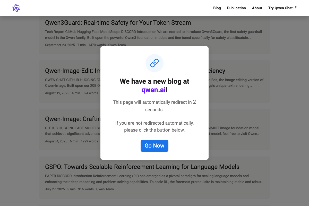 Qwen blog listing page showing recent model announcements including Qwen3Guard, Qwen-Image-Edit, and Qwen-Image — no 