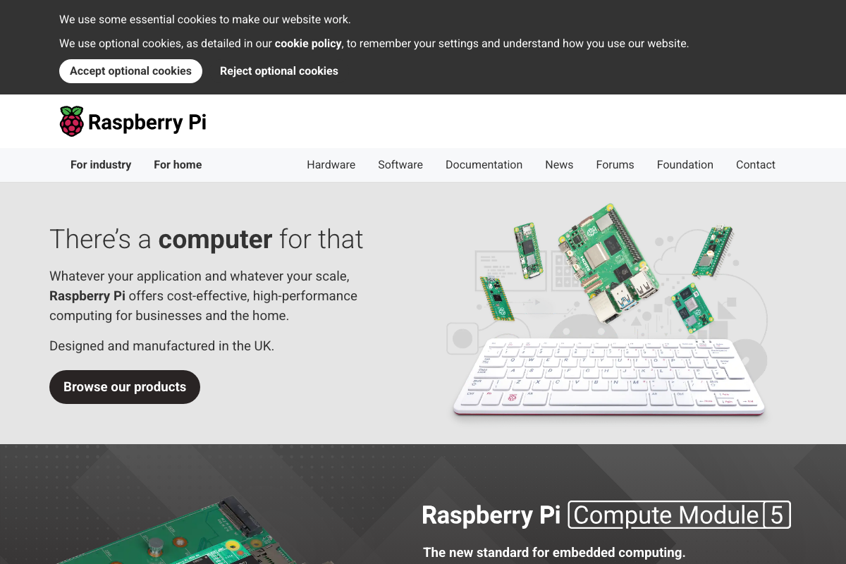 Raspberry Pi homepage (raspberrypi.com) featuring the Compute Module 5 as the current flagship embedded computing product