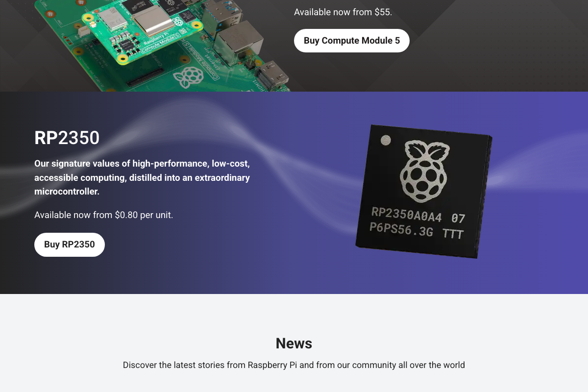 Raspberry Pi product page showing the RP2350 microcontroller chip (from $0.80/unit) and Compute Module 5 (from $35) — only SBC and Compute Module form factors can run the installer