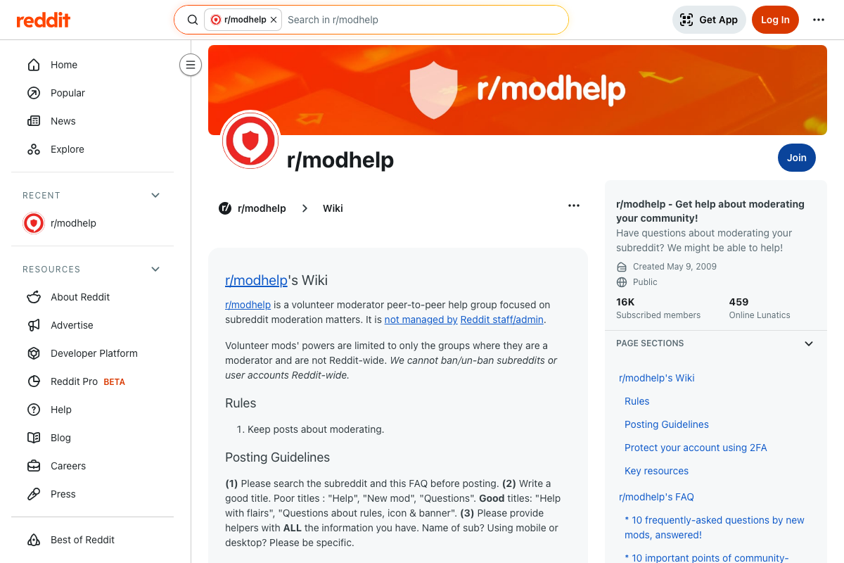 r/modhelp wiki home confirming volunteer moderator scope is limited to their own subreddits, not Reddit-wide.