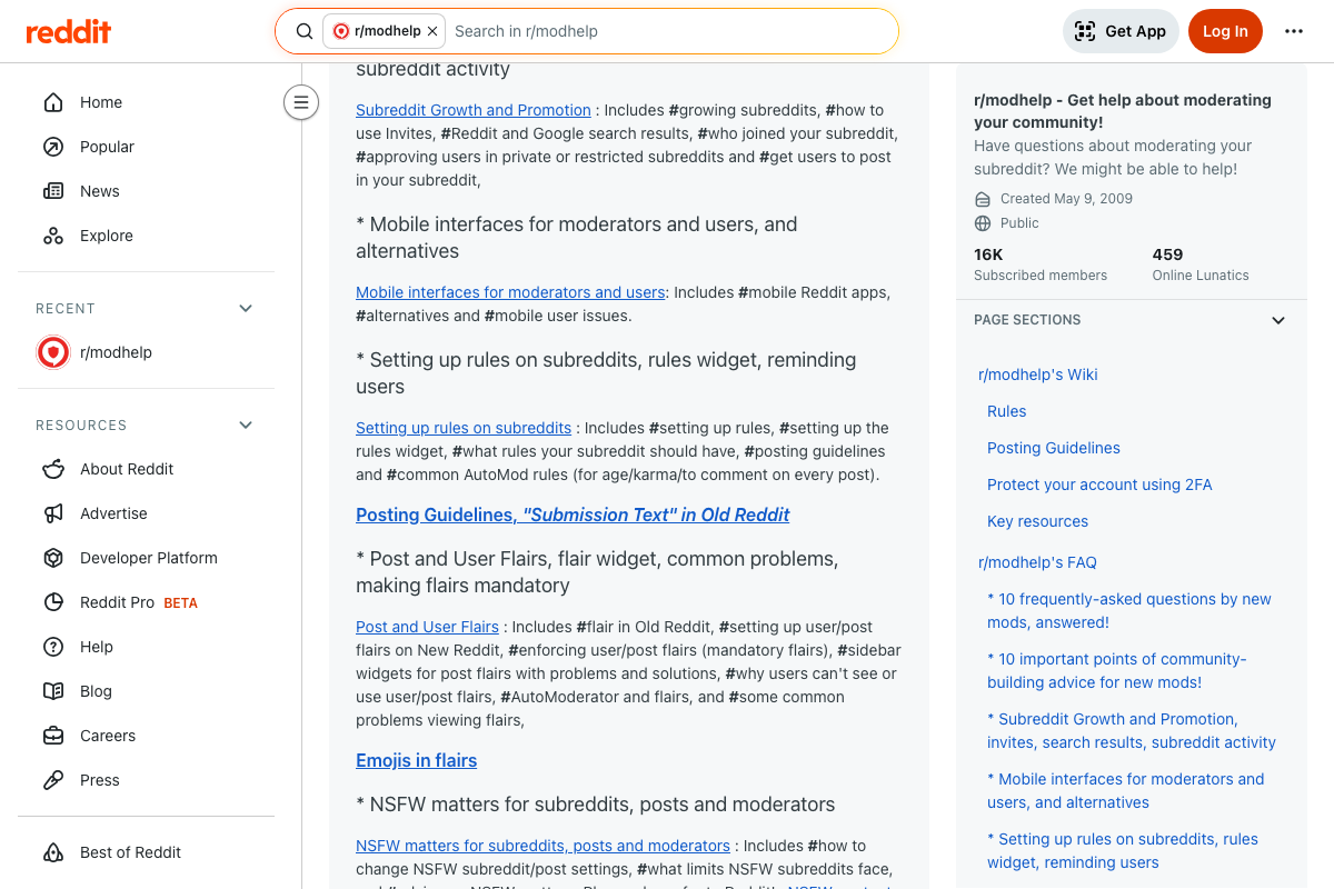r/modhelp wiki index confirming AutoModerator setup, subreddit rules configuration, and subreddit promotion sections.