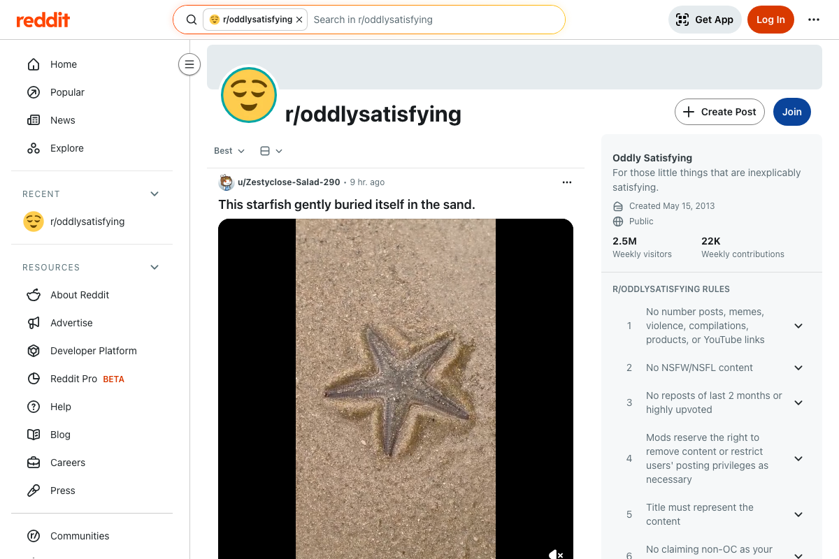 r/oddlysatisfying subreddit showing 2.8M members and community rules explicitly banning YouTube links and channel promotion.