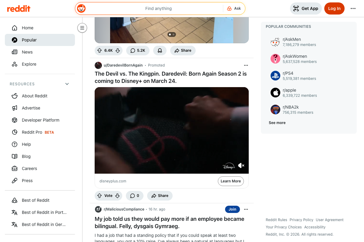 Reddit feed showing a clearly labeled 'Promoted' post from a Disney+ campaign — Reddit's platform-sanctioned alternative to organic manipulation.