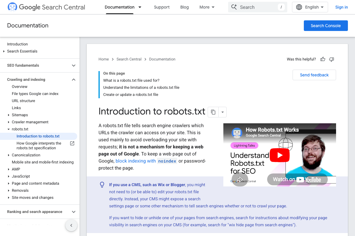 Official robots.txt introduction confirms product tokens (user-agent tokens) are how crawlers are identified in robots.txt — the same 'robots.txt product token' the video describes as an API input.