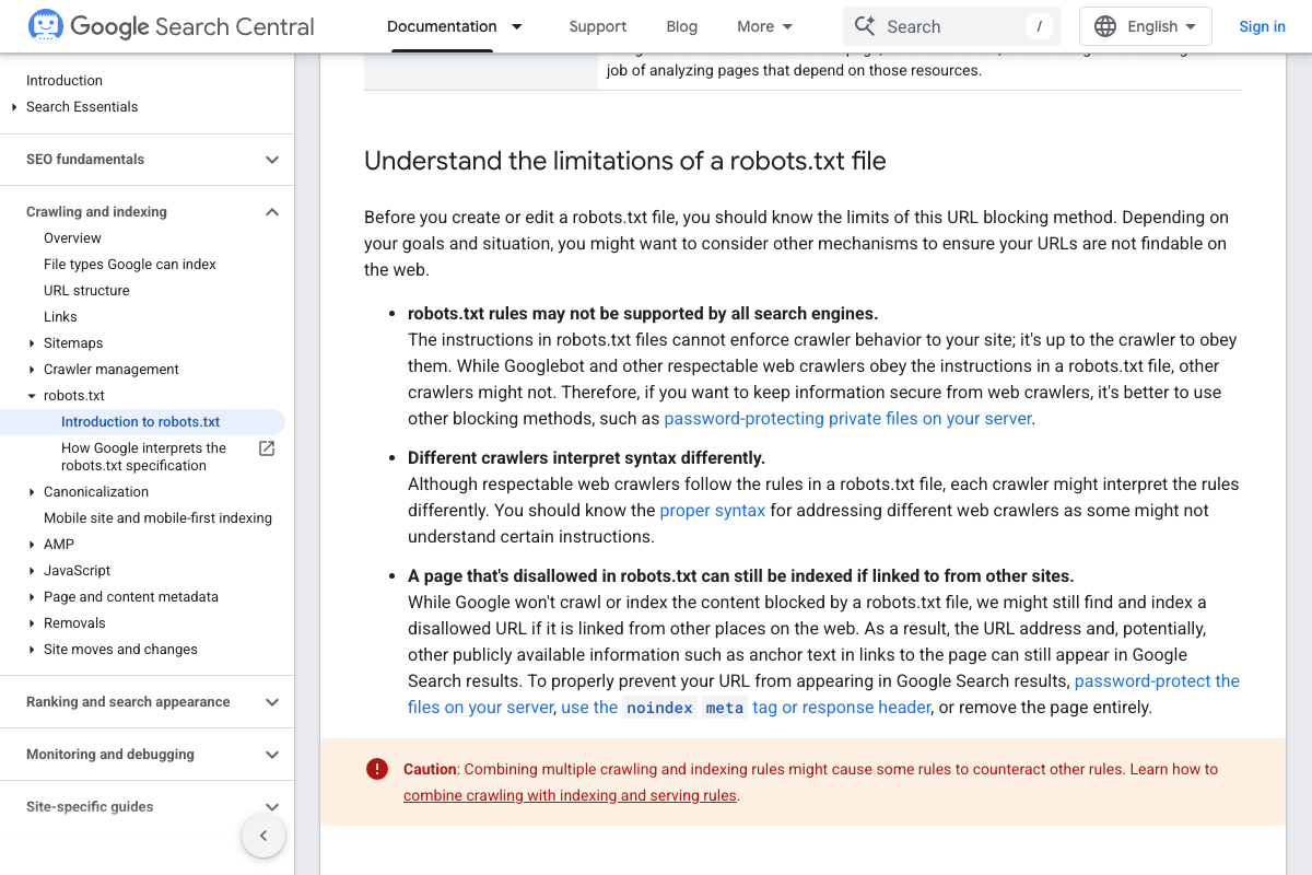 Robots.txt limitations section — notes that different crawlers interpret syntax differently and that disallowed URLs can still be indexed via external links.