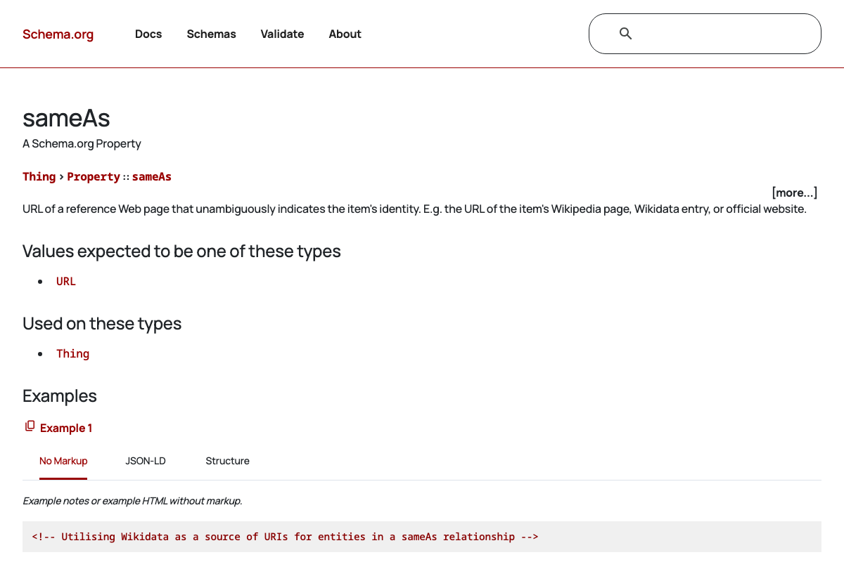 Schema.org sameAs property page showing the official definition, URL type requirement, Thing applicability, and JSON-LD/Structure example tabs