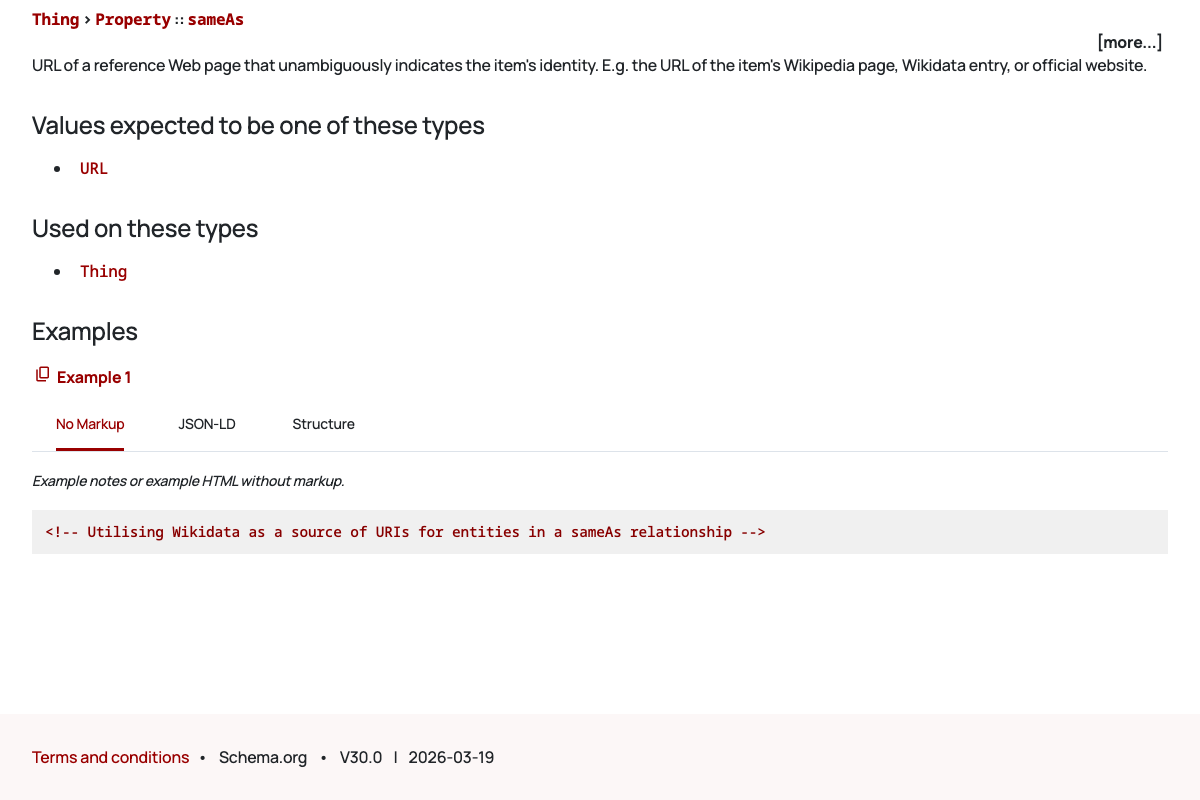 Schema.org sameAs property page showing the Wikidata-focused code comment and V30.0 (2026-03-19) version footer