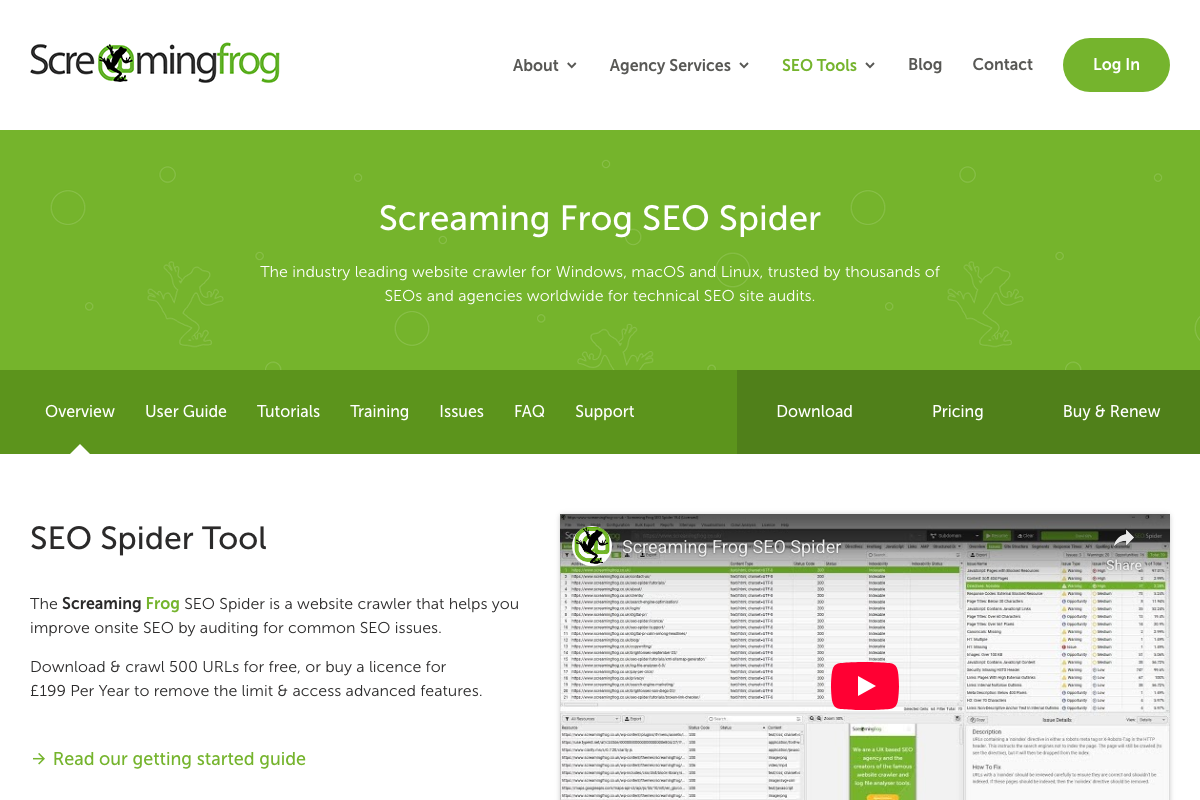 Screaming Frog product page — free 500-URL tier and paid licence confirmed at £199/year on Windows, macOS, and Linux