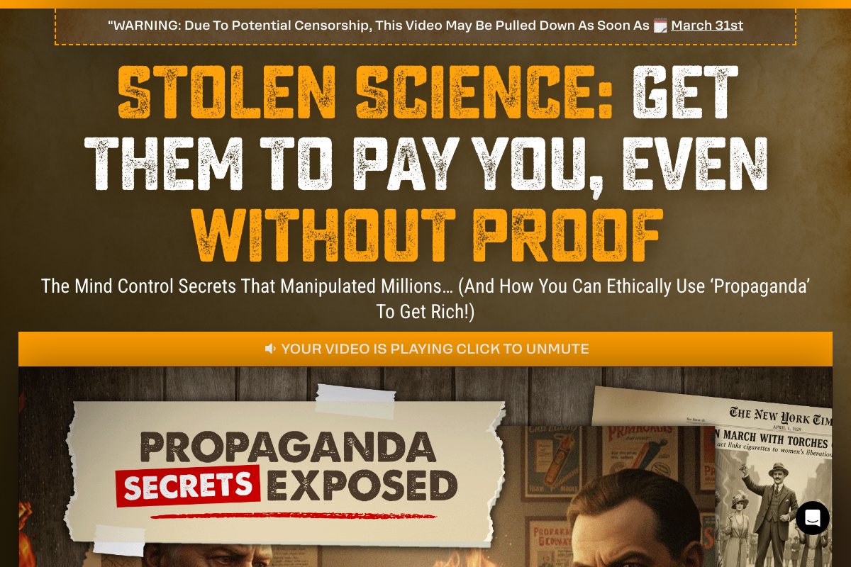 secretsofpropaganda.com landing page showing the site headline and its March 31st expiration warning — the destination CTA referenced in step 7.