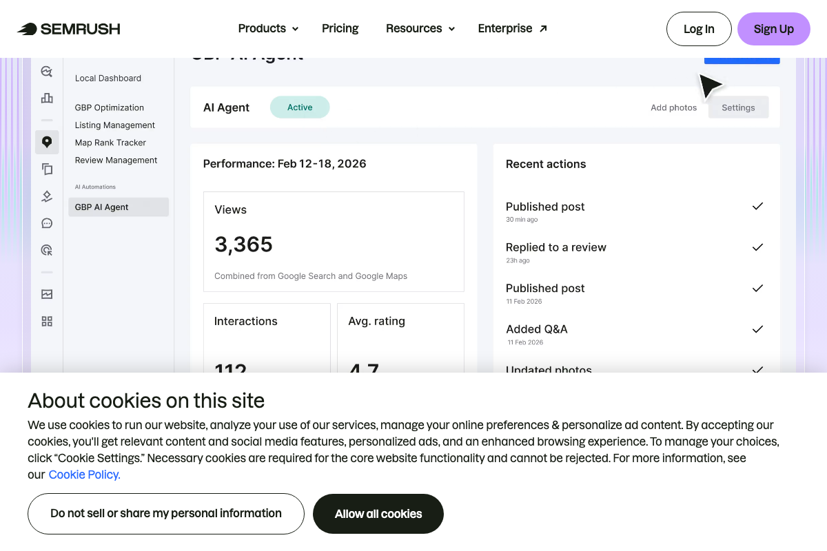 Semrush GBP AI Agent dashboard under 'AI Automations' — a distinct product from the AI Visibility Toolkit; none of the tabs described in the tutorial appear here.