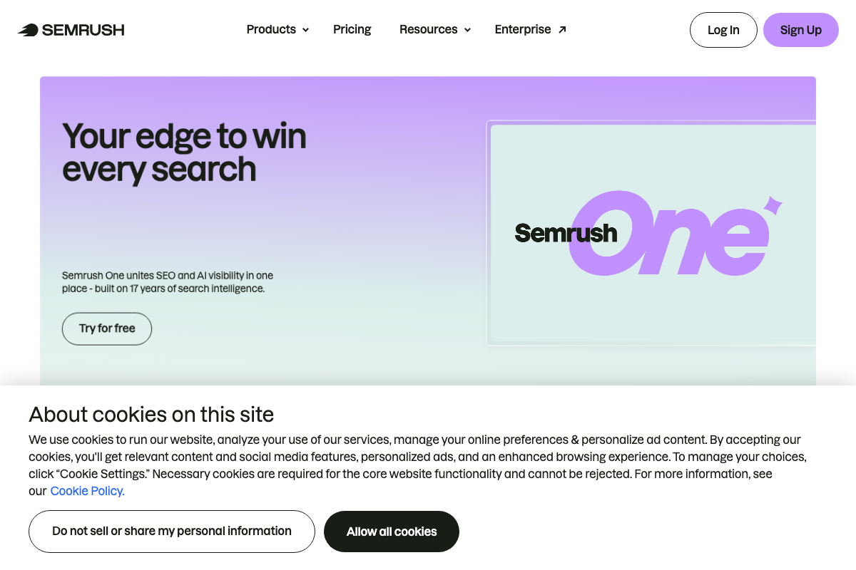 Semrush One product page confirming 'AI visibility' as a named feature pillar within the platform suite.