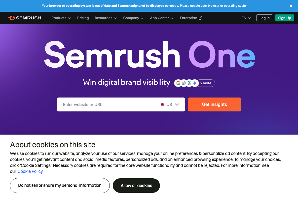 Semrush homepage (semrush.com) showing the 'Semrush One' unified platform branding and website analysis entry point.