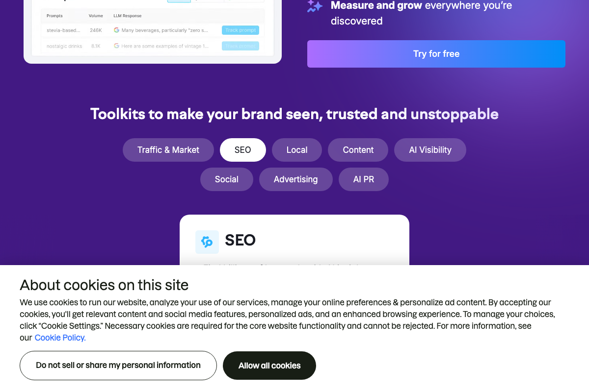 Semrush toolkit menu showing SEO, Advertising, AI Visibility, and AI PR as distinct product categories.