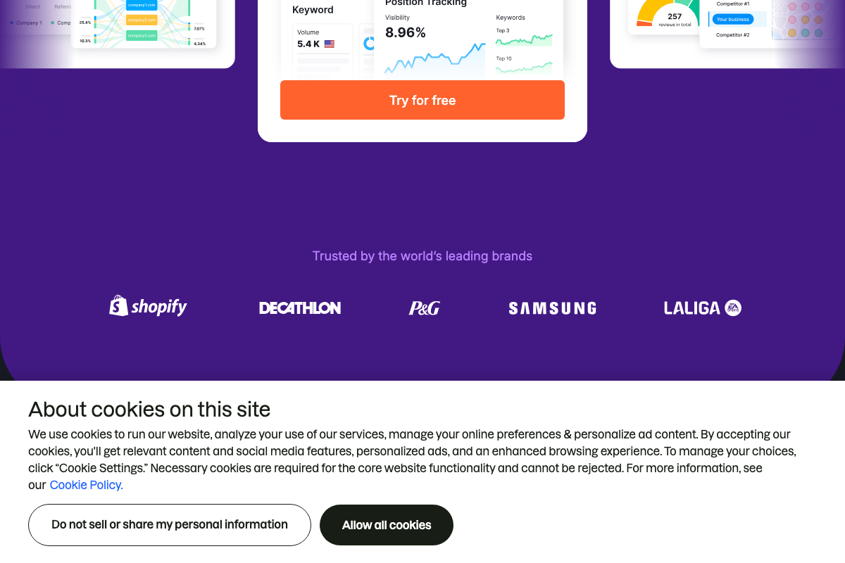 Semrush Position Tracking dashboard showing keyword volume, visibility percentage, and Top 3/Top 10 ranking trend data.