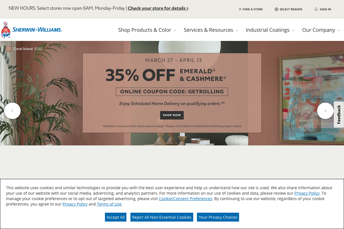 Sherwin-Williams homepage confirming the brand as an active paint retailer, with a current 35% off Emerald & Cashmere promotion (code GETRILLING, valid through April 25).