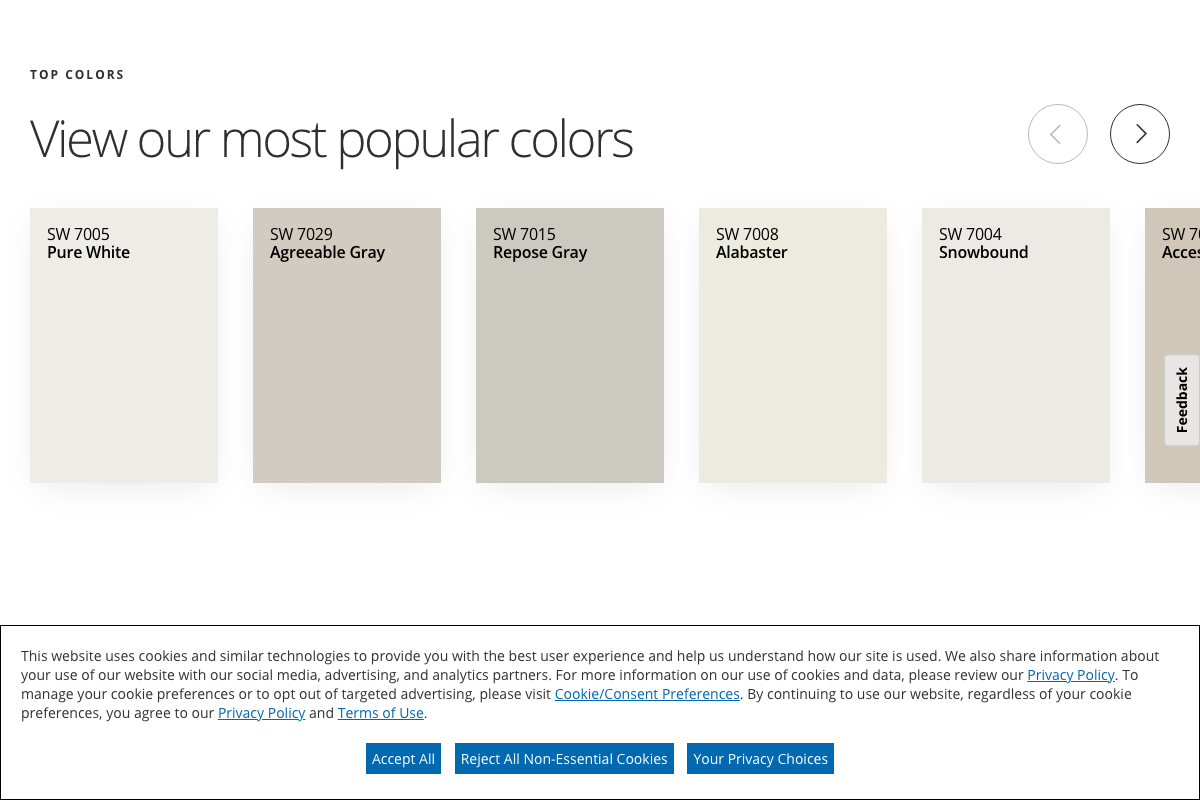 Sherwin-Williams 'Top Colors' carousel confirming Accessible Beige as a current top-selling color, 6th in the lineup alongside Pure White, Agreeable Gray, Repose Gray, Alabaster, and Snowbound.