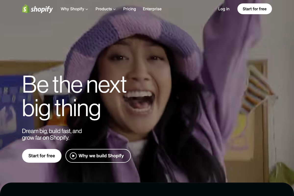 Shopify.com homepage — general commerce platform confirmation, no live streaming documentation visible