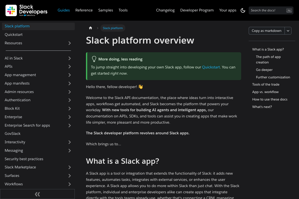 Slack Developer Docs overview at api.slack.com/docs, covering Slack app architecture for developers.