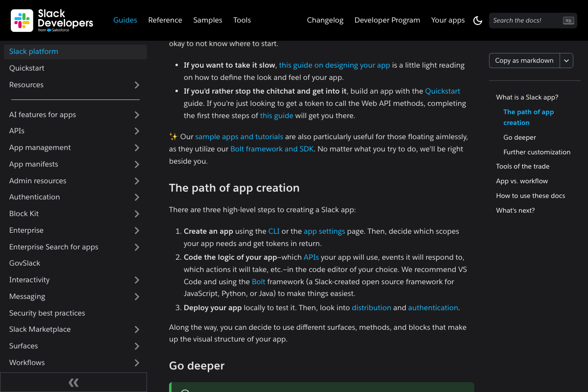 Slack Developer Docs — 'Path of app creation' showing Create, Code, and Deploy as three required steps; all involve developer tooling.