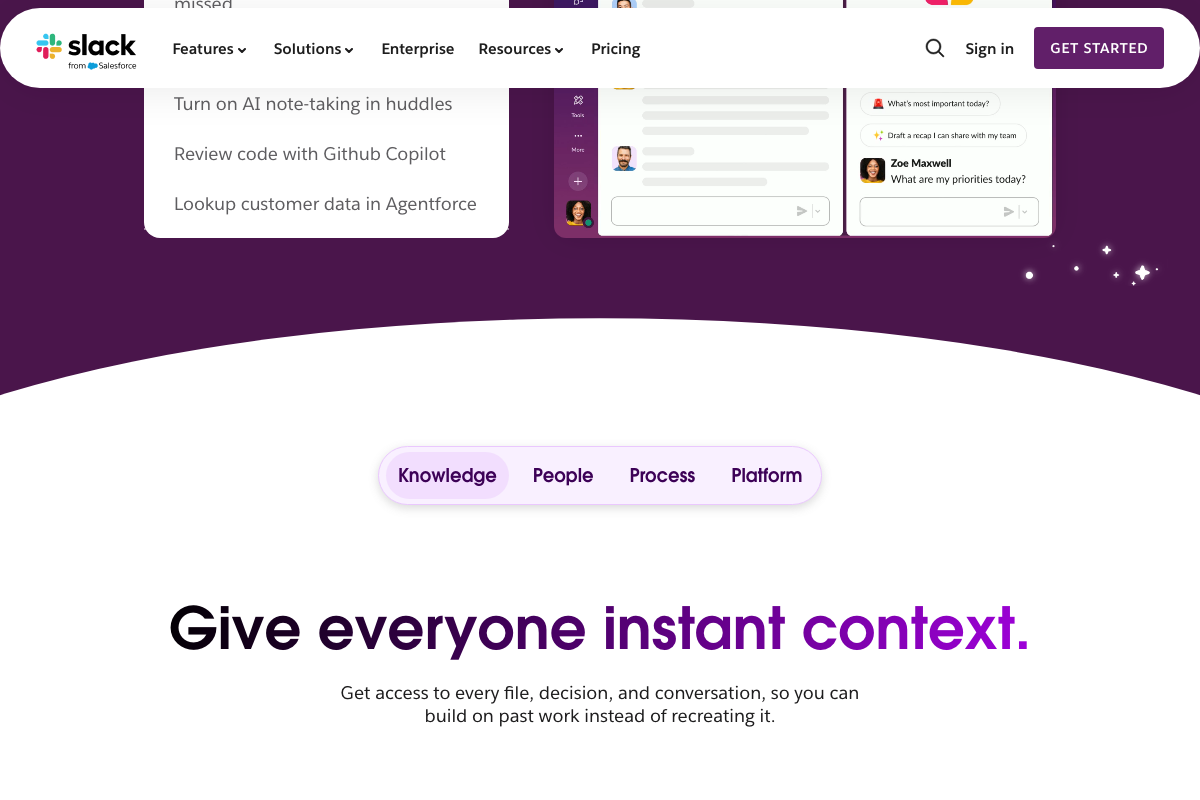Slack AI features section listing external agent integrations including GitHub Copilot and Salesforce Agentforce alongside Slack's four platform pillars.