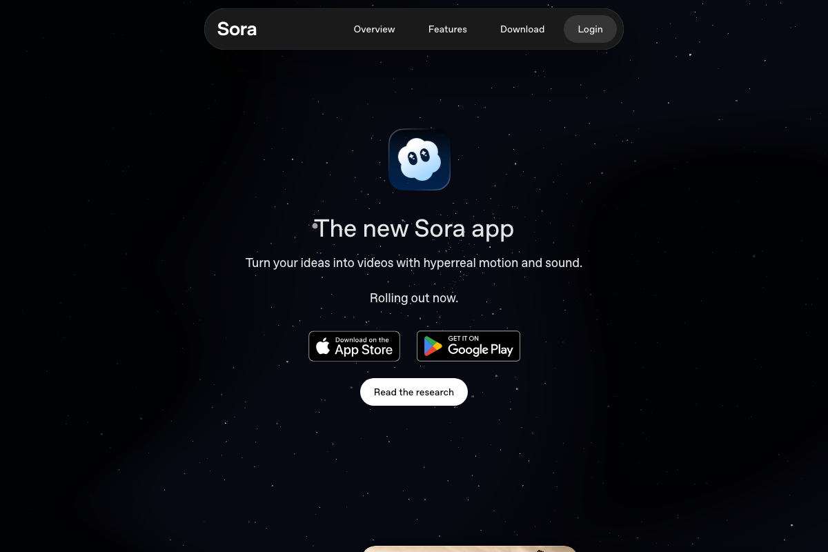 OpenAI Sora homepage confirming public iOS and Android availability with native audio generation — a key production tool for AI-driven faceless YouTube niches.